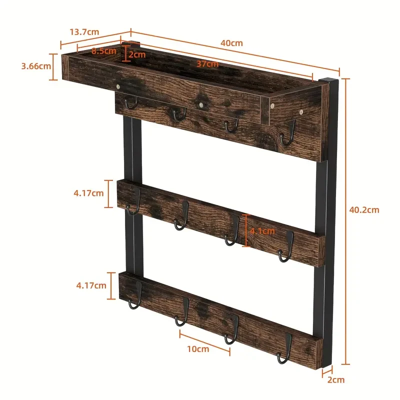 12 Hooks Wood Coffee Cup Holder Mug Storage Wall Mount