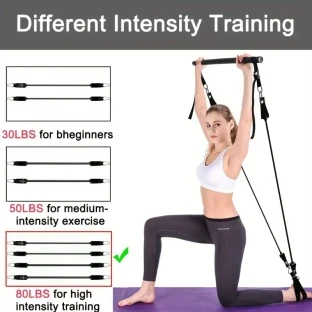 EVA Pilates Bar Kit with 4 Resistance Bands (30 & 22.68KG) - Adjustable & Portable Home Gym Equipment Set
