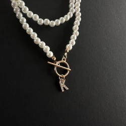 Pearl Chain OT Buckle Inlaid 26 Letter Necklace