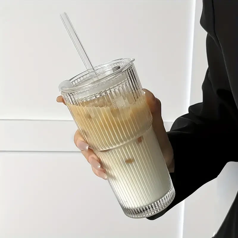 Coffee Mugs Glass Cup with Straw & Lid