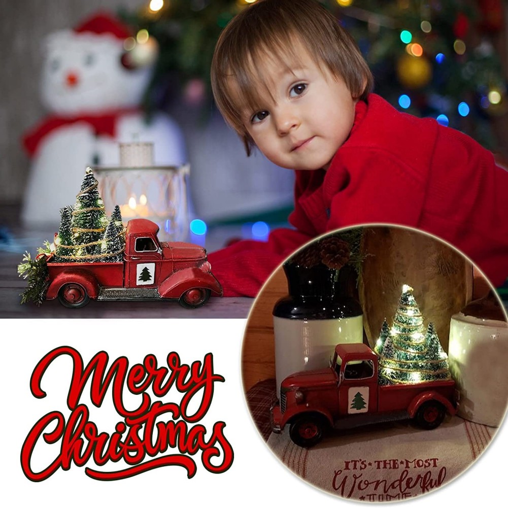 Christmas Red Truck Resin Ornament - Light-Up Car Decoration for Garden, Yard, Tree, and Home