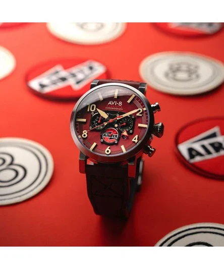 AVI-8 Dambuster Gibson Dual Time Chronograph Airfix Edition Hazard Red Dial Quartz AV-4107-04 Men's Watch