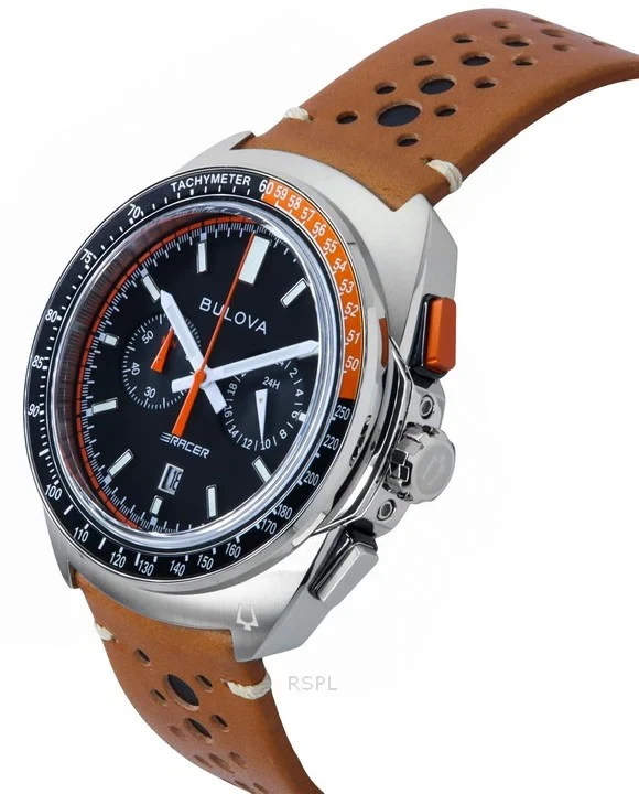 Bulova Racer Chronograph Leather Strap Black Dial Quartz 98B427 100M Men's Watch