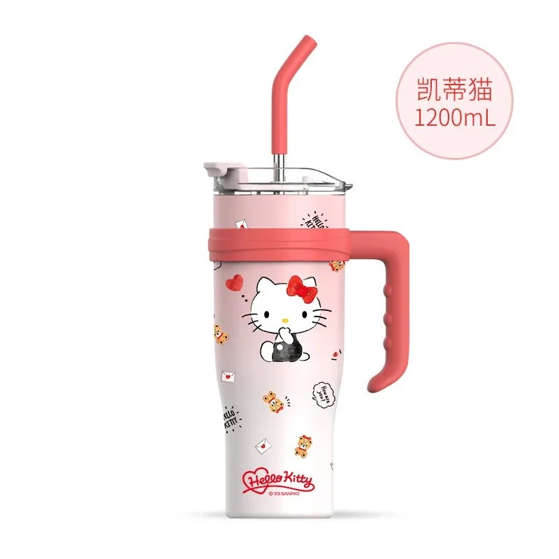 MINISO 1200ml Sanrio Thermos Bottle  Cold Ice Cute Hello Kitty Kuromi Cinnamoroll Melody Stainless Steel Water Bottle with Straw 2024