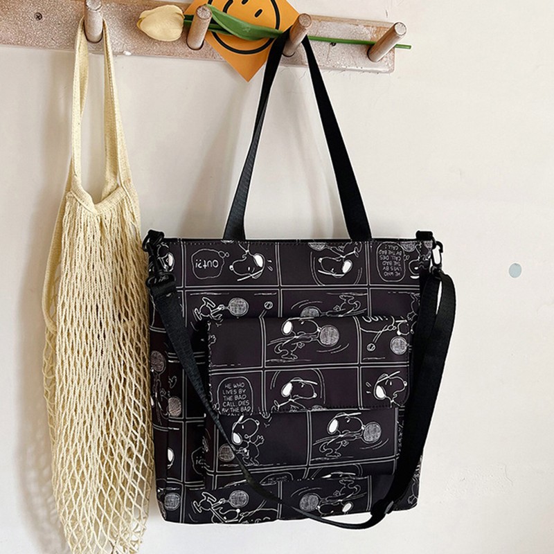 MINISO Snoopy Cartoon Print Tote Bag  Fashionable Large Capacity Casual One Shoulder Crossbody Bag, Nylon Pink Handbag