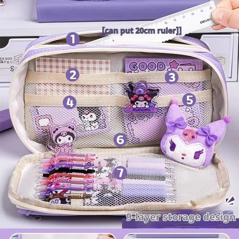 MINISO Cute Kuromi Large Capacity Pencil Case  Pretty Zipper Pen Pouch for Girls, Complete Set of School Supplies