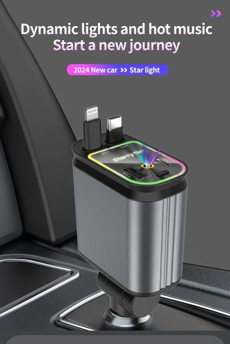 W&O 4-in-1 Retractable Car Charger High-Power Adapter with USB & Type-C Ports