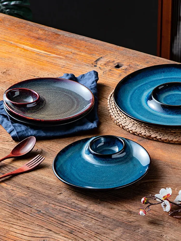 Dumpling Plate With Vinegar Dish Creative Round Underglaze Color Divided Plate