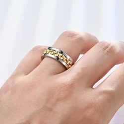 Titanium Spinner Square Texture Ring For Men High Polished Stainless Steel Gear Rotating Anxiety Fidget Rings Charm Jewelry