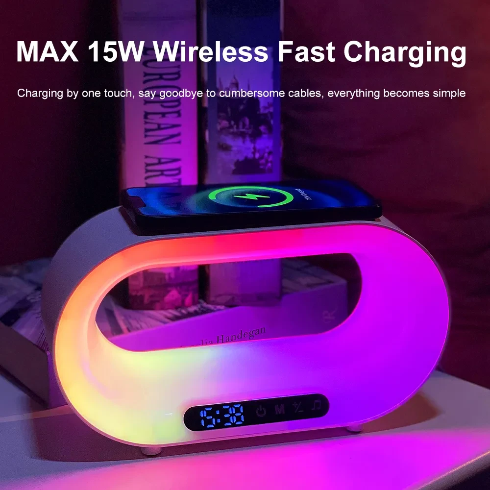 Multi-function 3 In 1 LED Night Light APP Control RGB Atmosphere Desk Lamp Smart Multifunctional Wireless Charger Alarm Clock