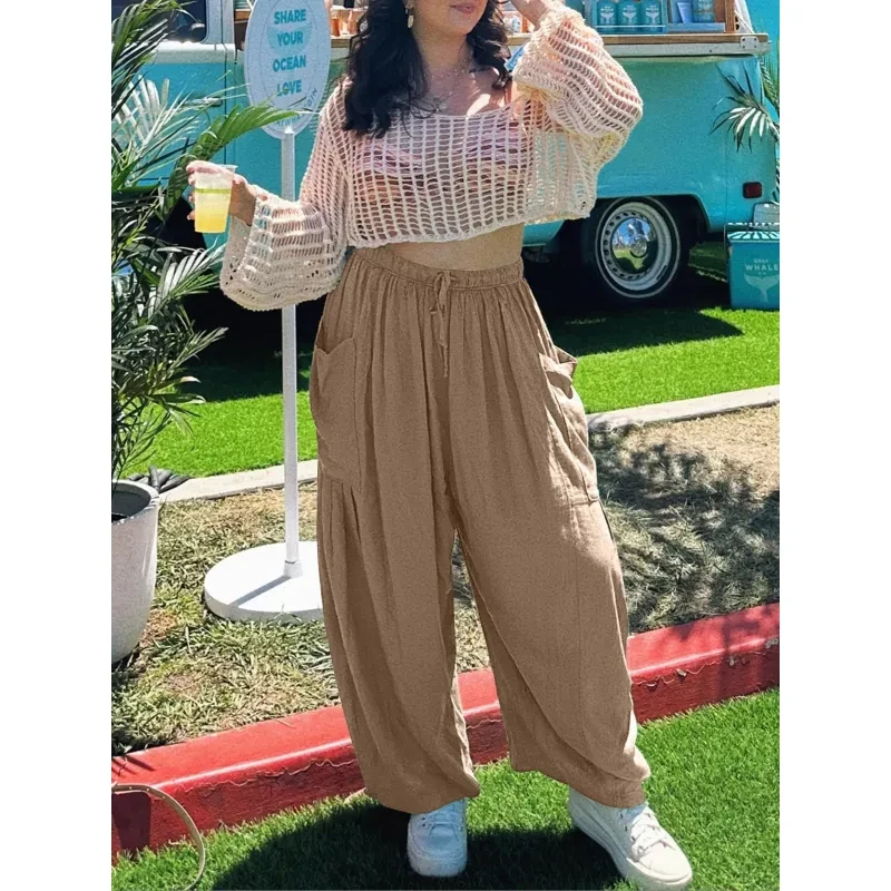 Fashion Wide Leg Pants Summer Loose Elastic High Waist Pleated Trousers
