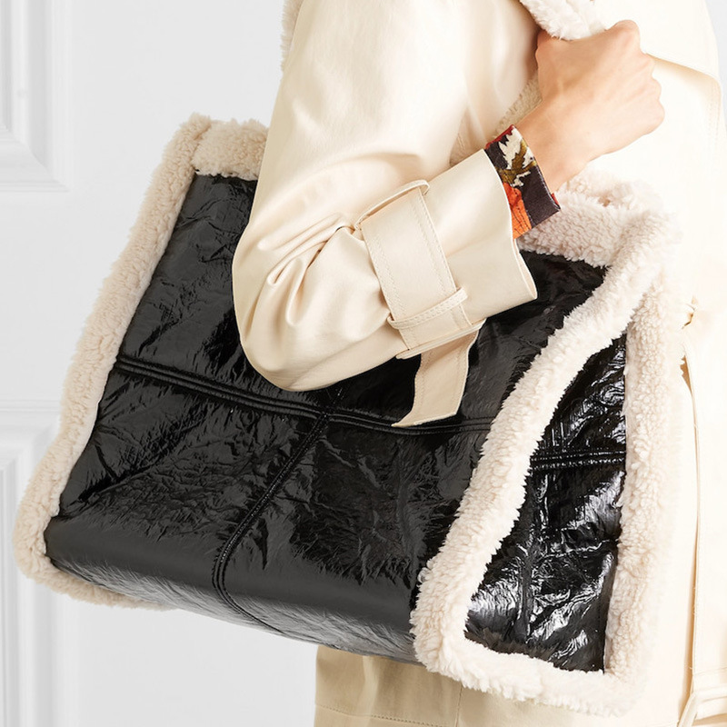 Lamb Wool Plaid Stitching Woolen Tote Bag