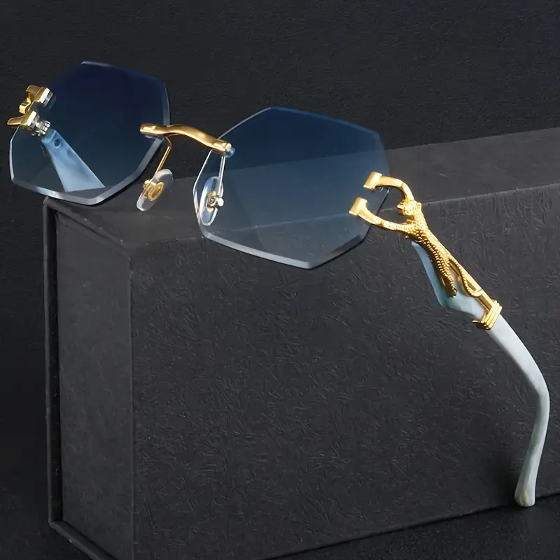 Vintage Rimless Polygonal Glasses with Leopard Temples