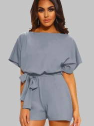 Women's Round Neck Short-sleeved Lace-up Jumpsuit