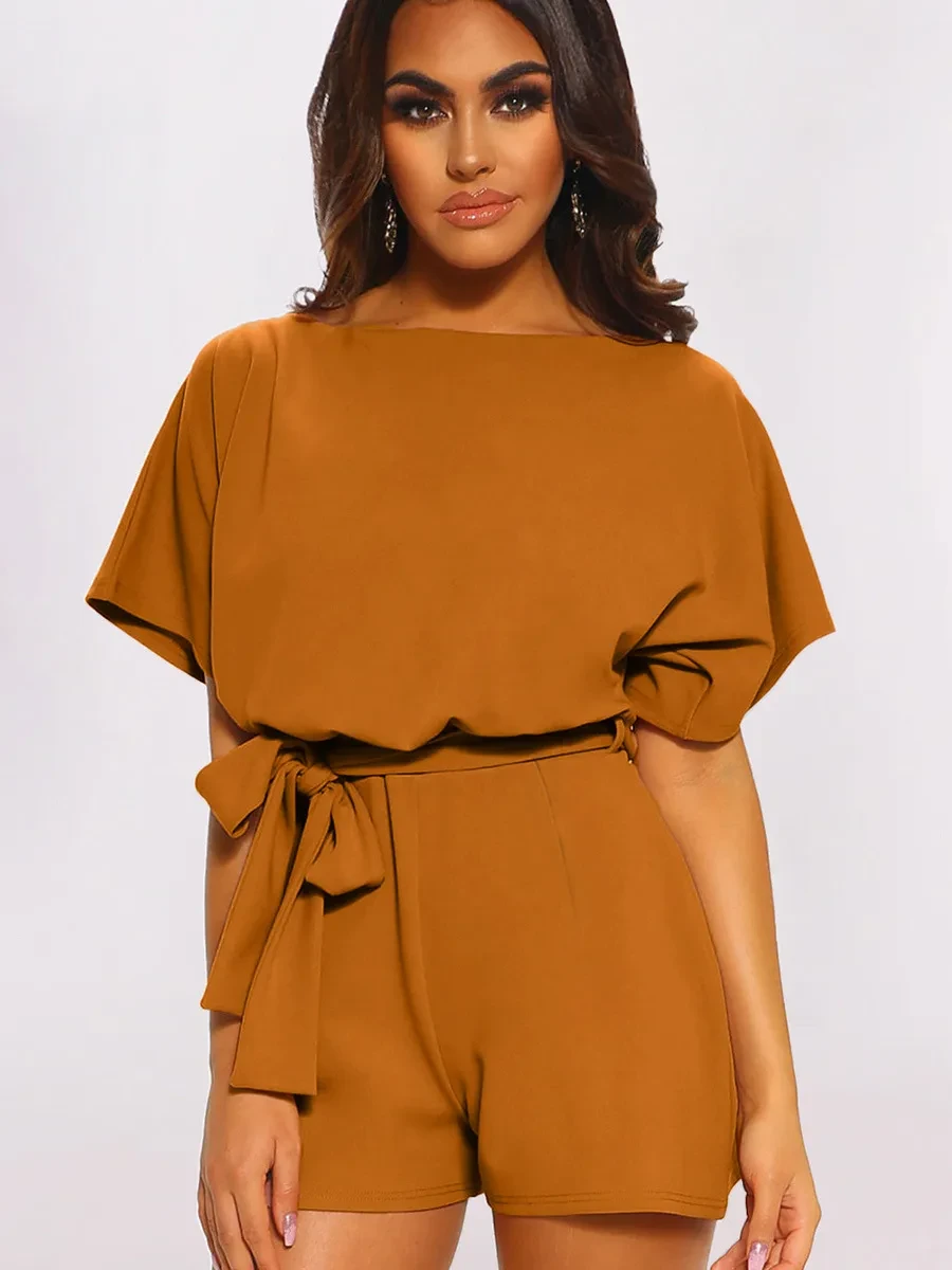 Women's Round Neck Short-sleeved Lace-up Jumpsuit