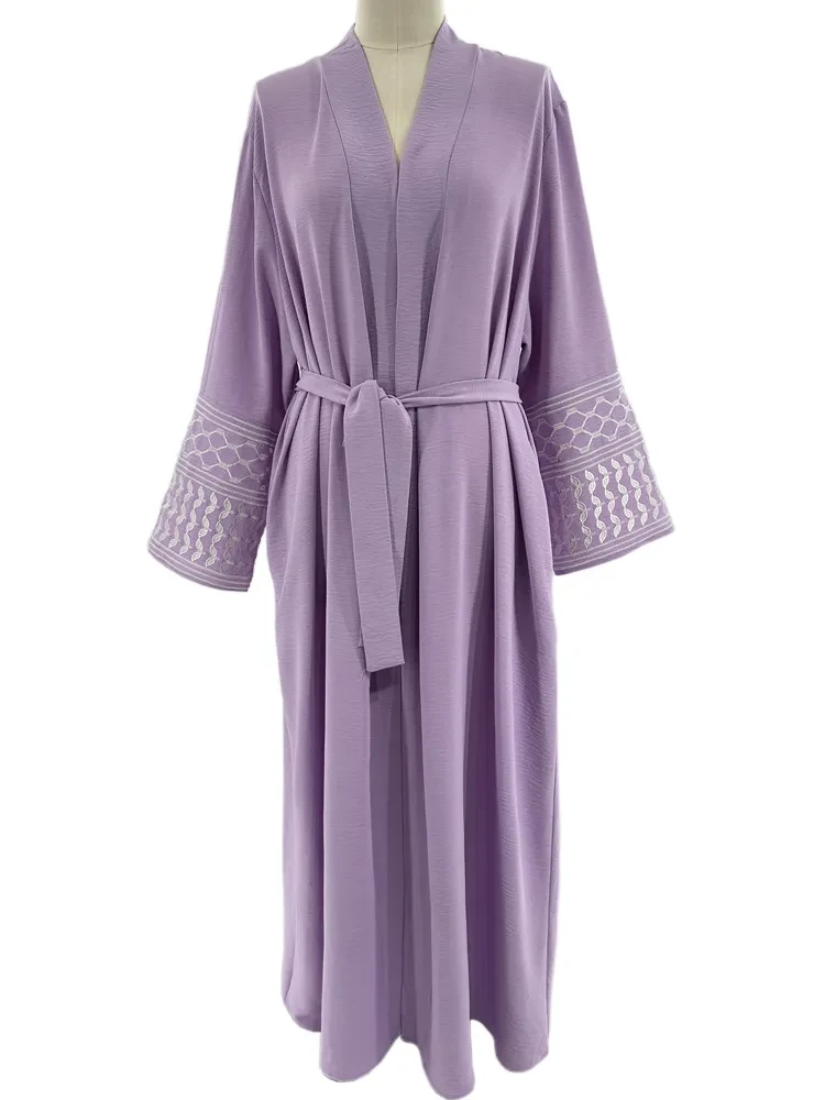 Machine Embroidery Pocket Cardigan Lace-up Dress Robe