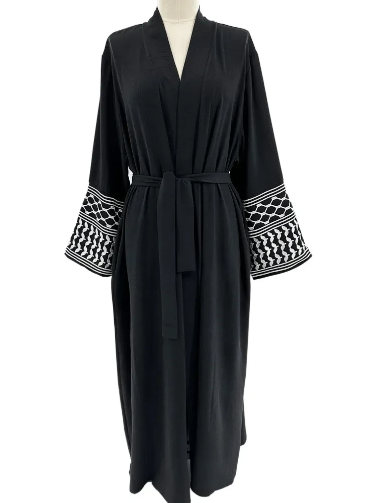 Machine Embroidery Pocket Cardigan Lace-up Dress Robe