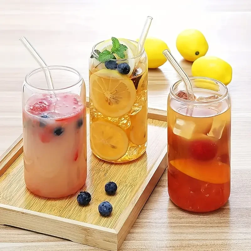 6 Pack Glass Cup Set with Bamboo Lids & Glass Straws - 500ml