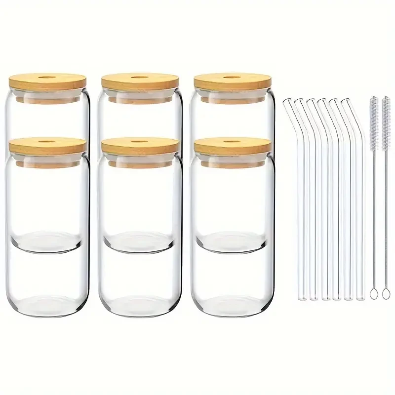 6 Pack Glass Cup Set with Bamboo Lids & Glass Straws - 500ml