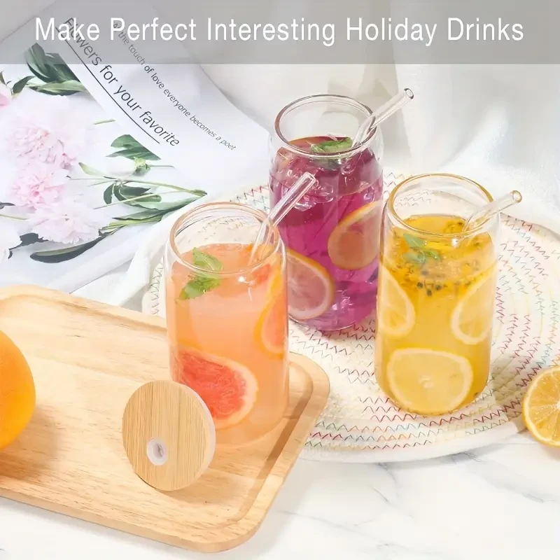 6 Pack Glass Cup Set with Bamboo Lids & Glass Straws - 500ml
