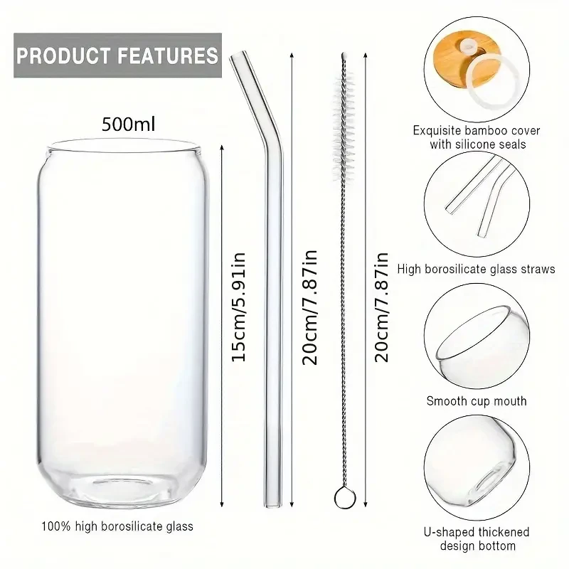 6 Pack Glass Cup Set with Bamboo Lids & Glass Straws - 500ml