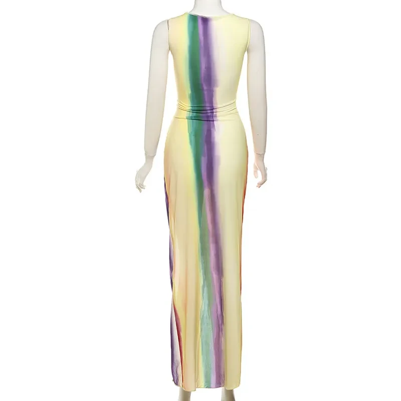 Gradient Printing Lace-up High Slit Dress Women