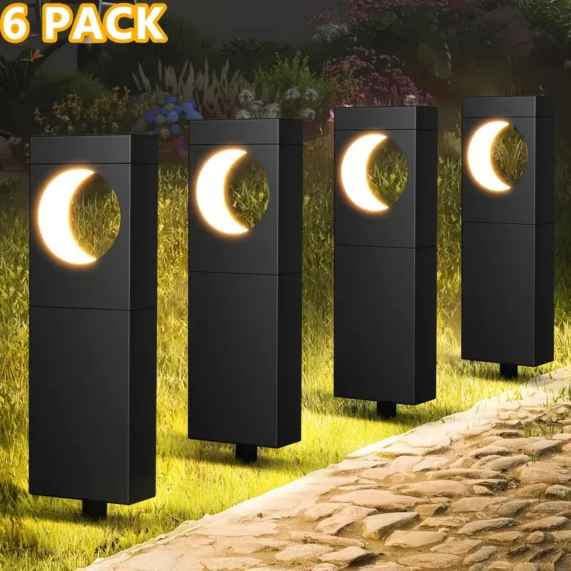6 Pack Solar Outdoor Path Lights - Moon-Shaped, IPX5 Waterproof