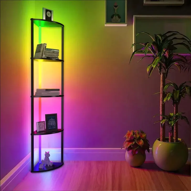 5-Tier Corner Shelf Bookcase with RGB LED Lights - Modern Standing Lamp