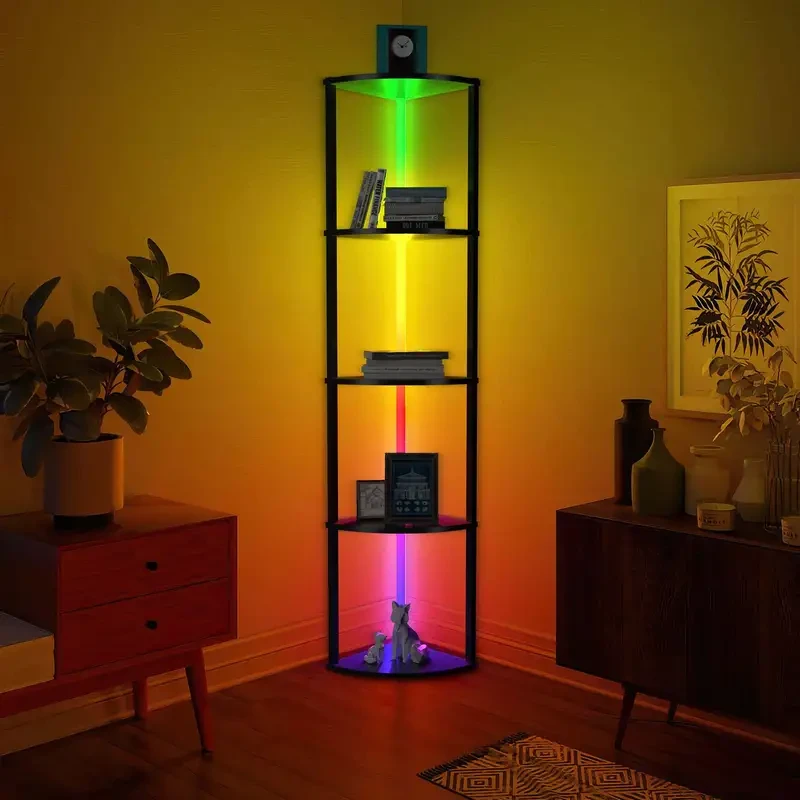 5-Tier Corner Shelf Bookcase with RGB LED Lights - Modern Standing Lamp
