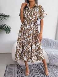 Leisure Loose Leopard Print Lace-up Shirt Dress