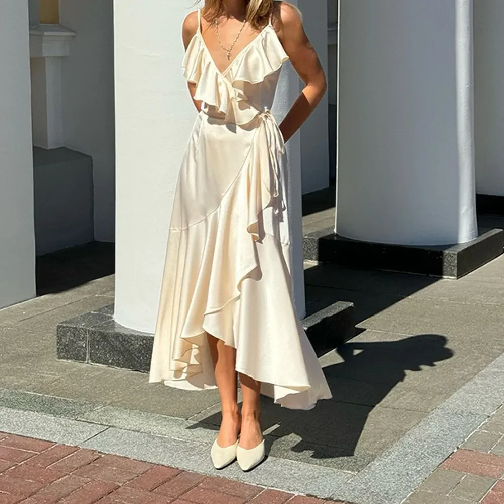 Women's Solid Color Sling Flounce Trim Lace Up Dress
