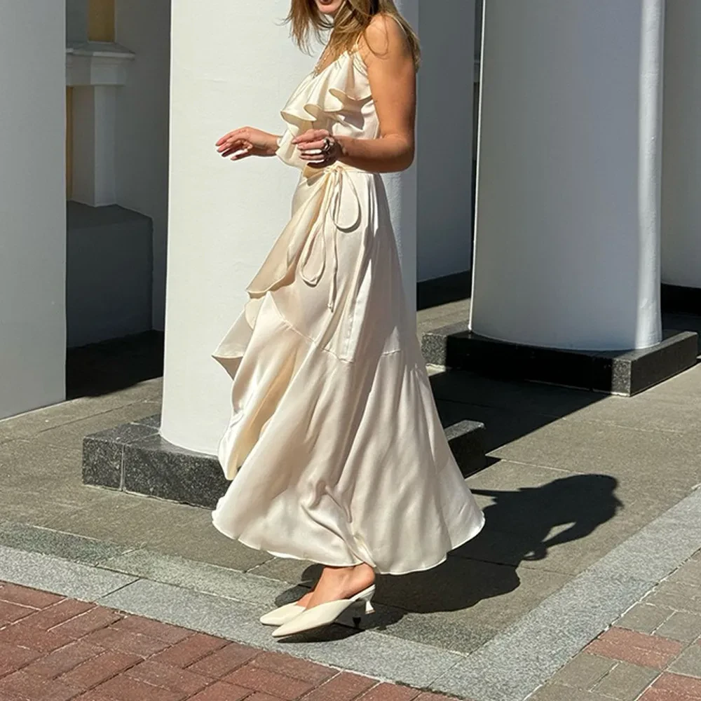 Women's Solid Color Sling Flounce Trim Lace Up Dress