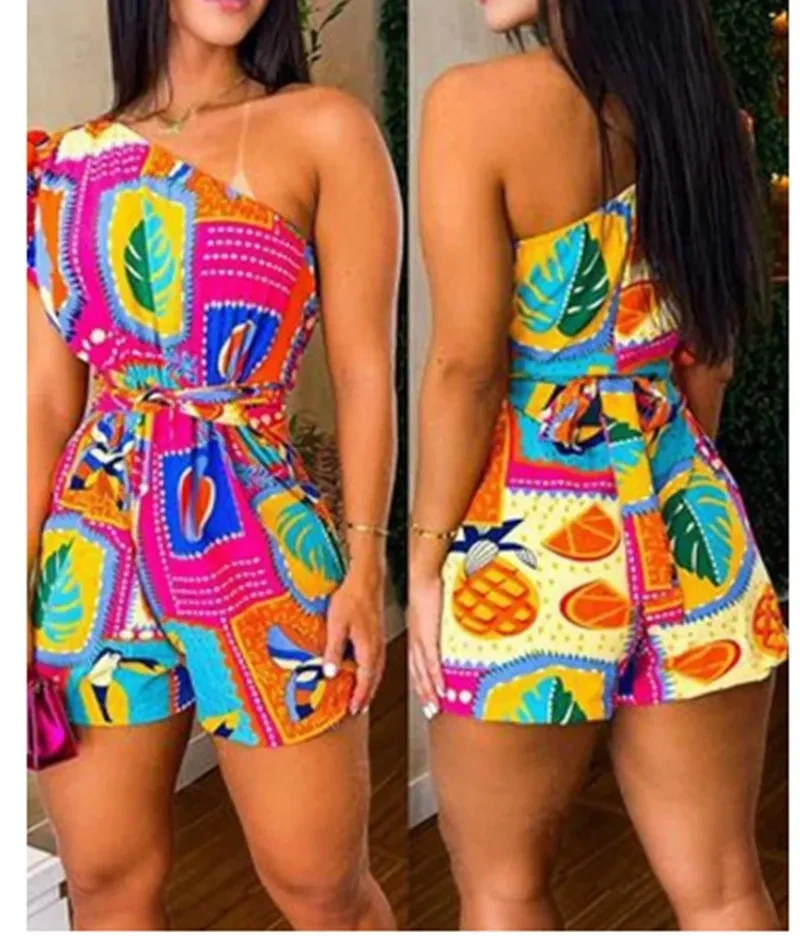Printed Ruffle Sleeve Waist-controlled Lace-up Jumpsuit Shorts