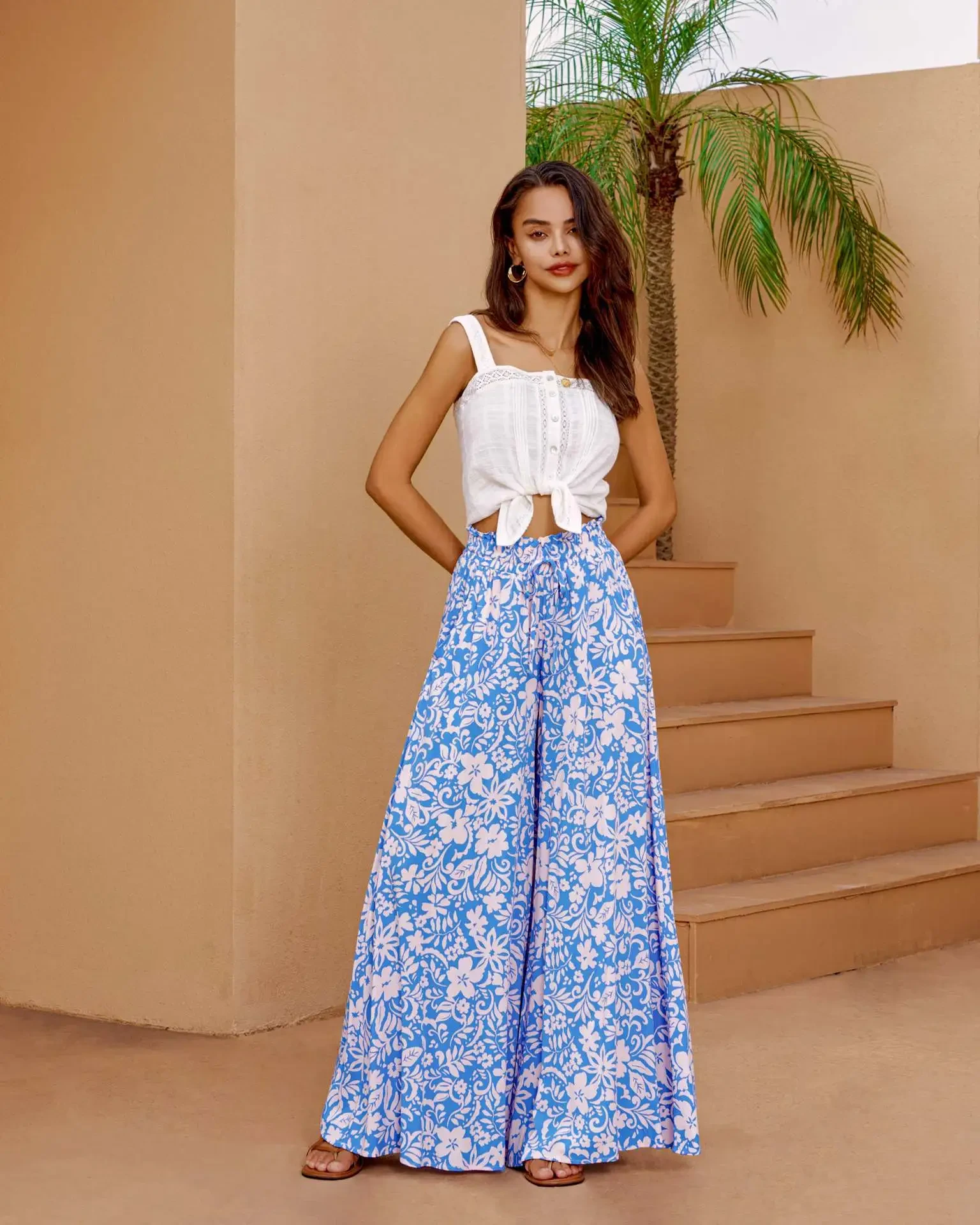 Loose Lace-up Waist Wide-leg Pants For Women