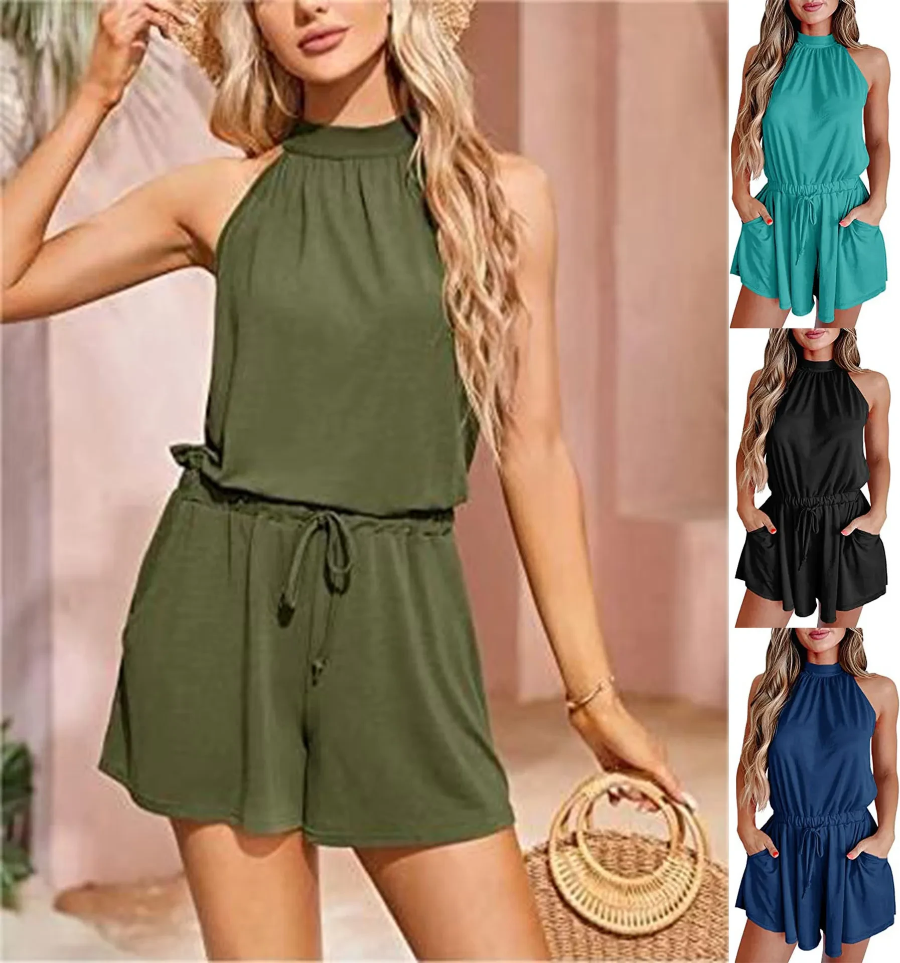 Women's Waist-controlled Lace-up Halter Loose Printed Jumpsuit