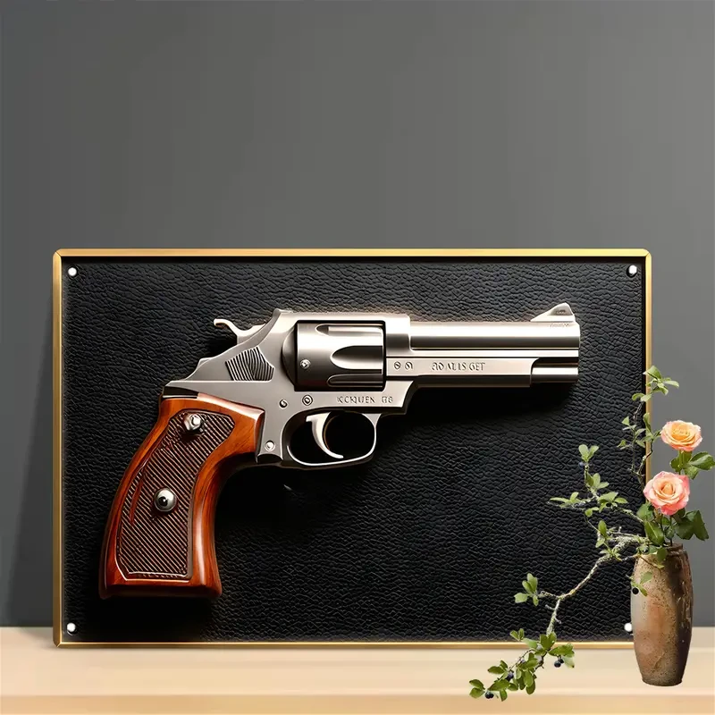 Antique Revolver Gun 3D Visual Effect Metal Plaque for Garden