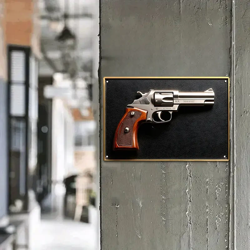 Antique Revolver Gun 3D Visual Effect Metal Plaque for Garden