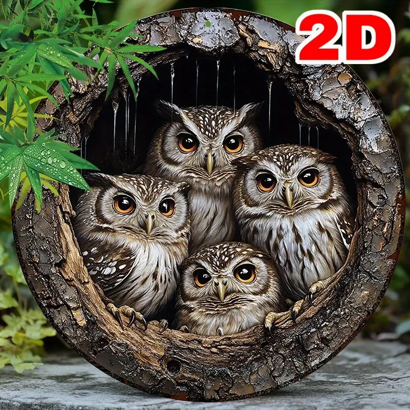Charming Owls in Tree Design 20.32x20.32cm Round Aluminum Wall Art