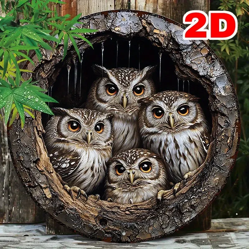Charming Owls in Tree Design 20.32x20.32cm Round Aluminum Wall Art