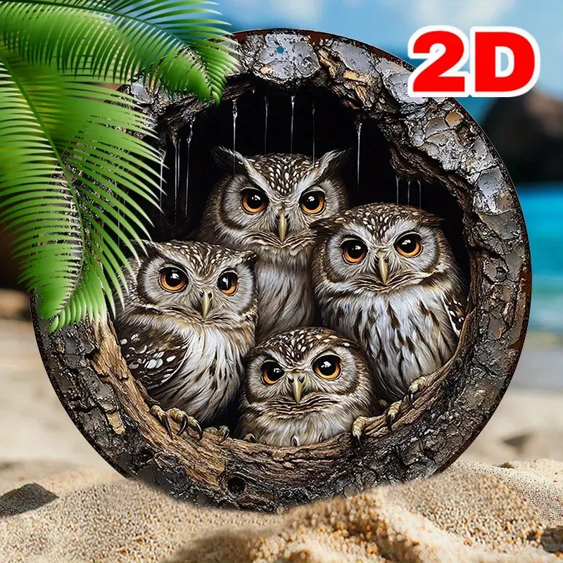 Charming Owls in Tree Design 20.32x20.32cm Round Aluminum Wall Art