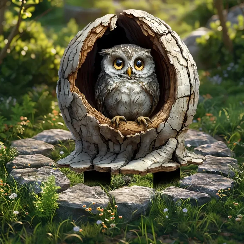 Boho Style Acrylic Owl in Tree Trunk Decorative Stake