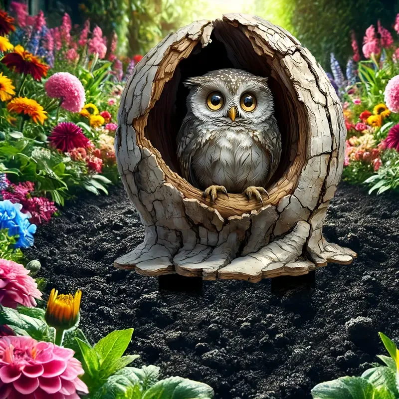 Boho Style Acrylic Owl in Tree Trunk Decorative Stake