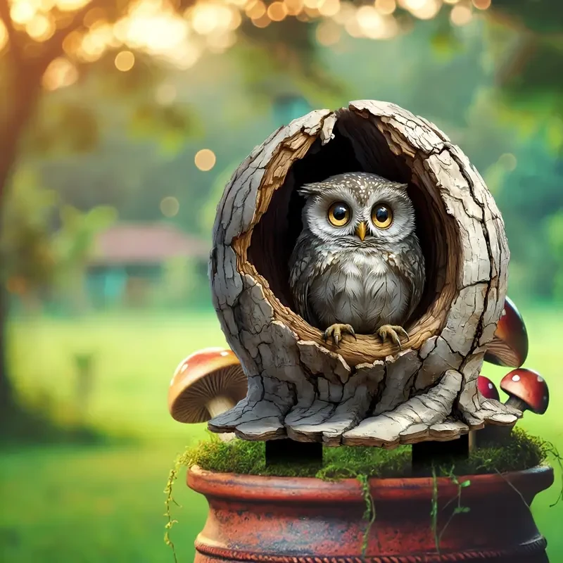 Boho Style Acrylic Owl in Tree Trunk Decorative Stake