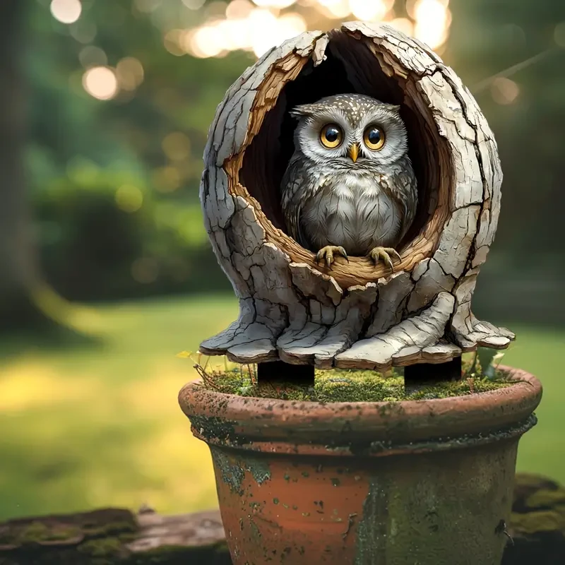 Boho Style Acrylic Owl in Tree Trunk Decorative Stake