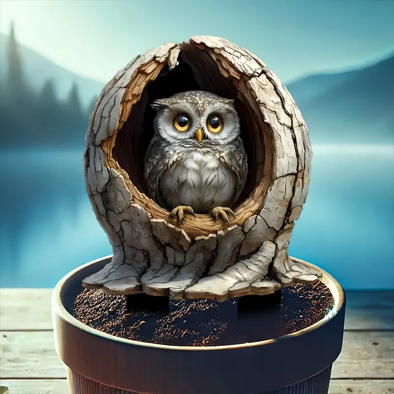 Boho Style Acrylic Owl in Tree Trunk Decorative Stake