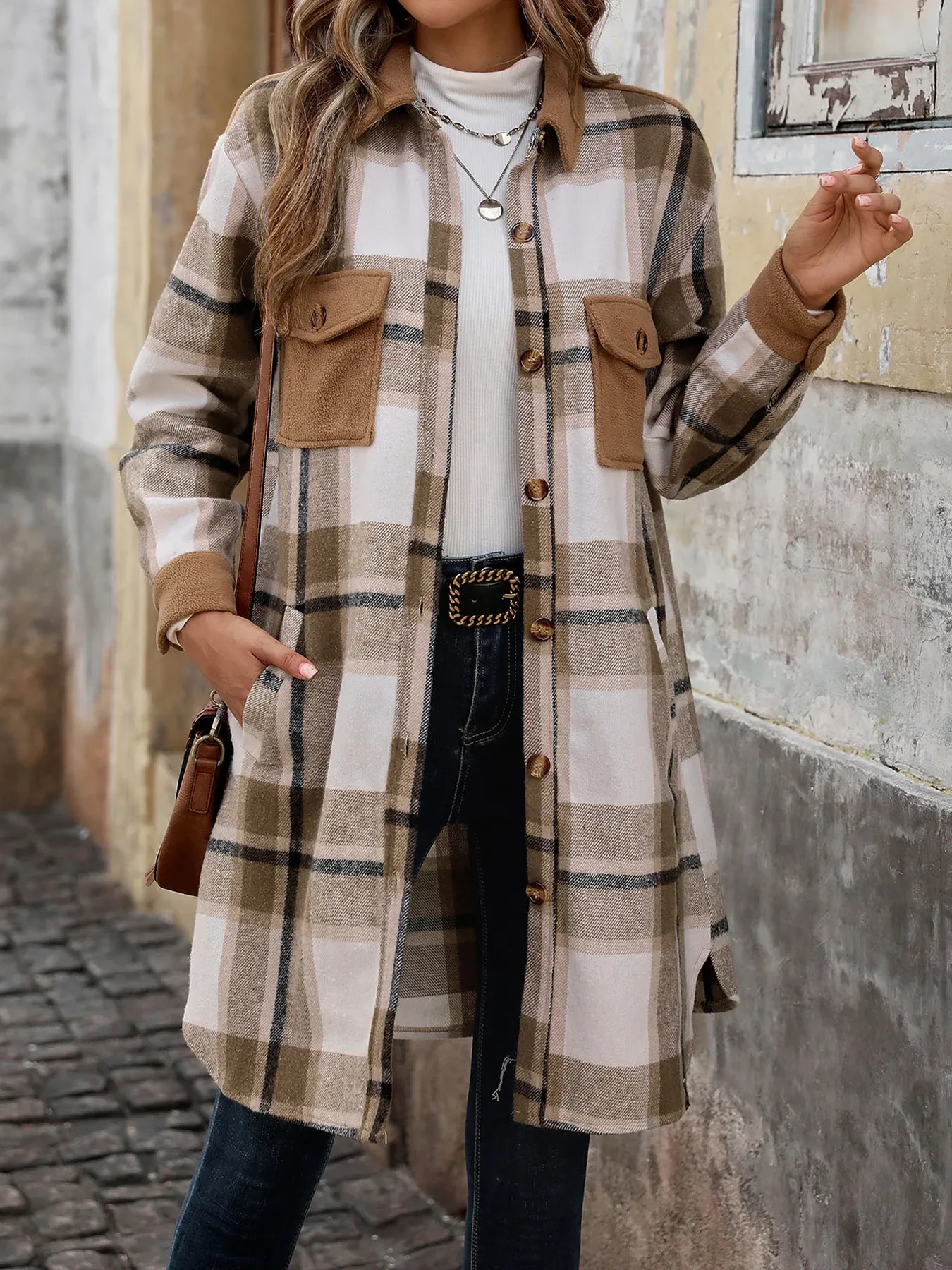 Women's Fashion Brushed Plaid Long Coat with Pockets, Winter Jacket Outerwear