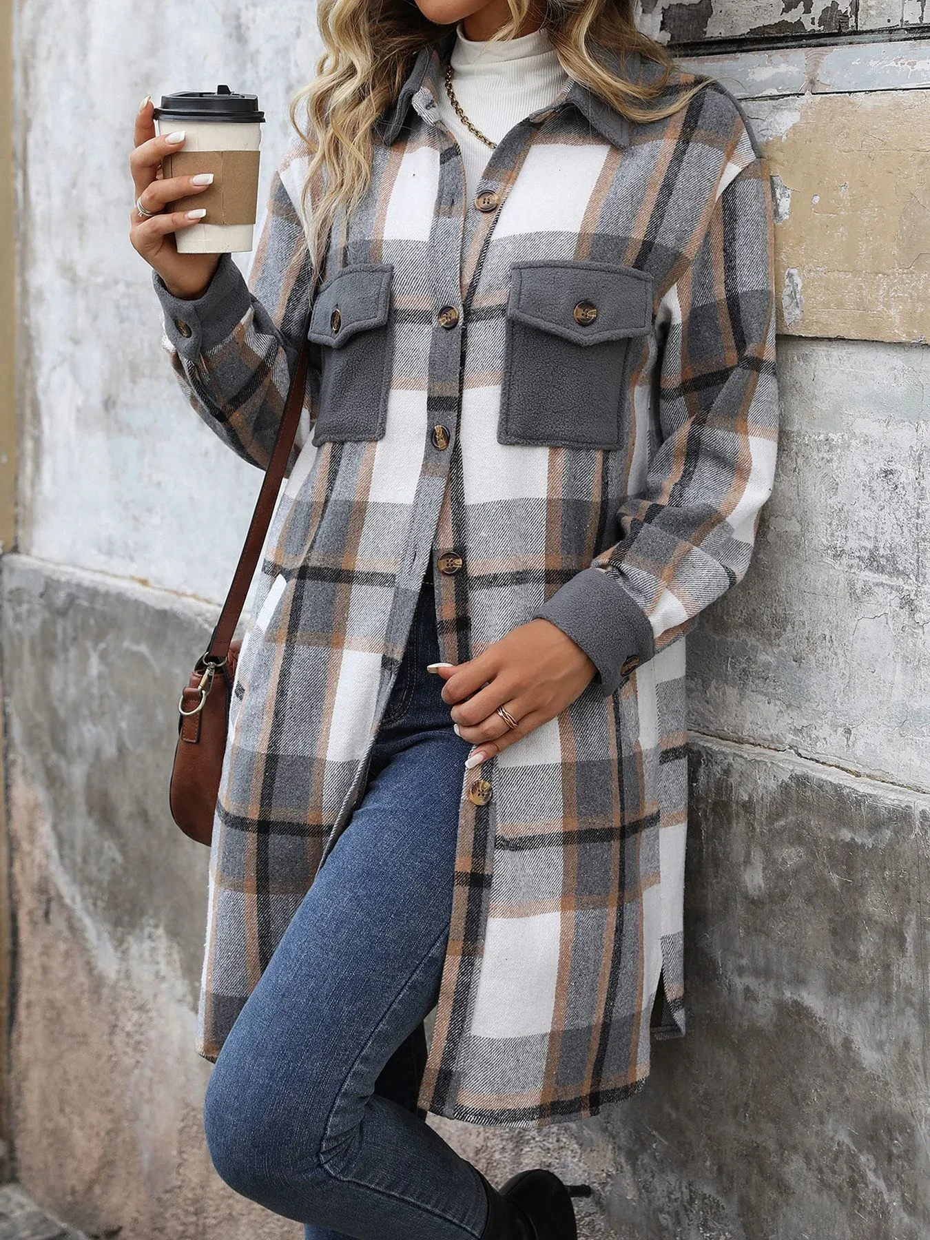 Women's Fashion Brushed Plaid Long Coat with Pockets, Winter Jacket Outerwear