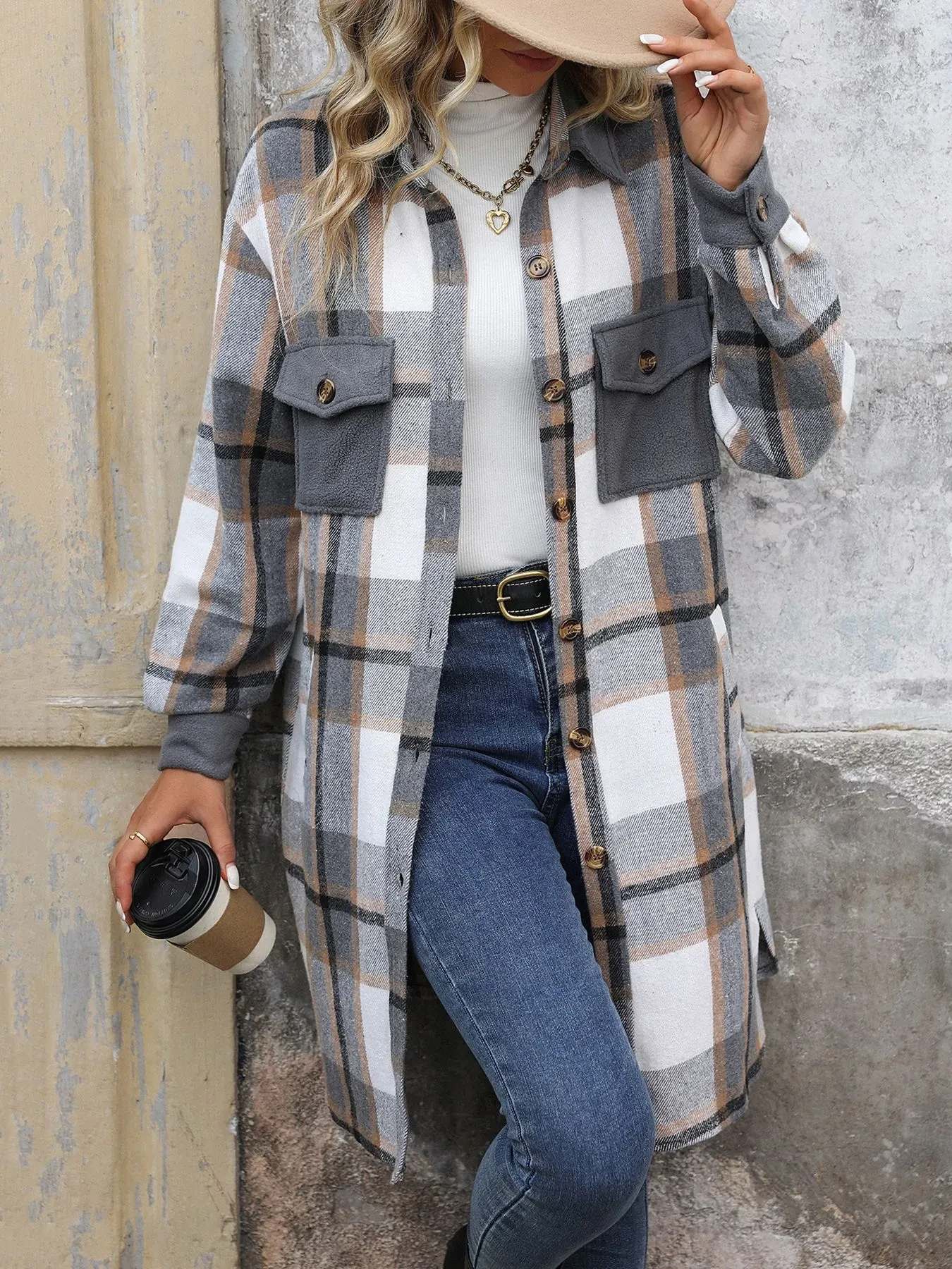 Women's Fashion Brushed Plaid Long Coat with Pockets, Winter Jacket Outerwear