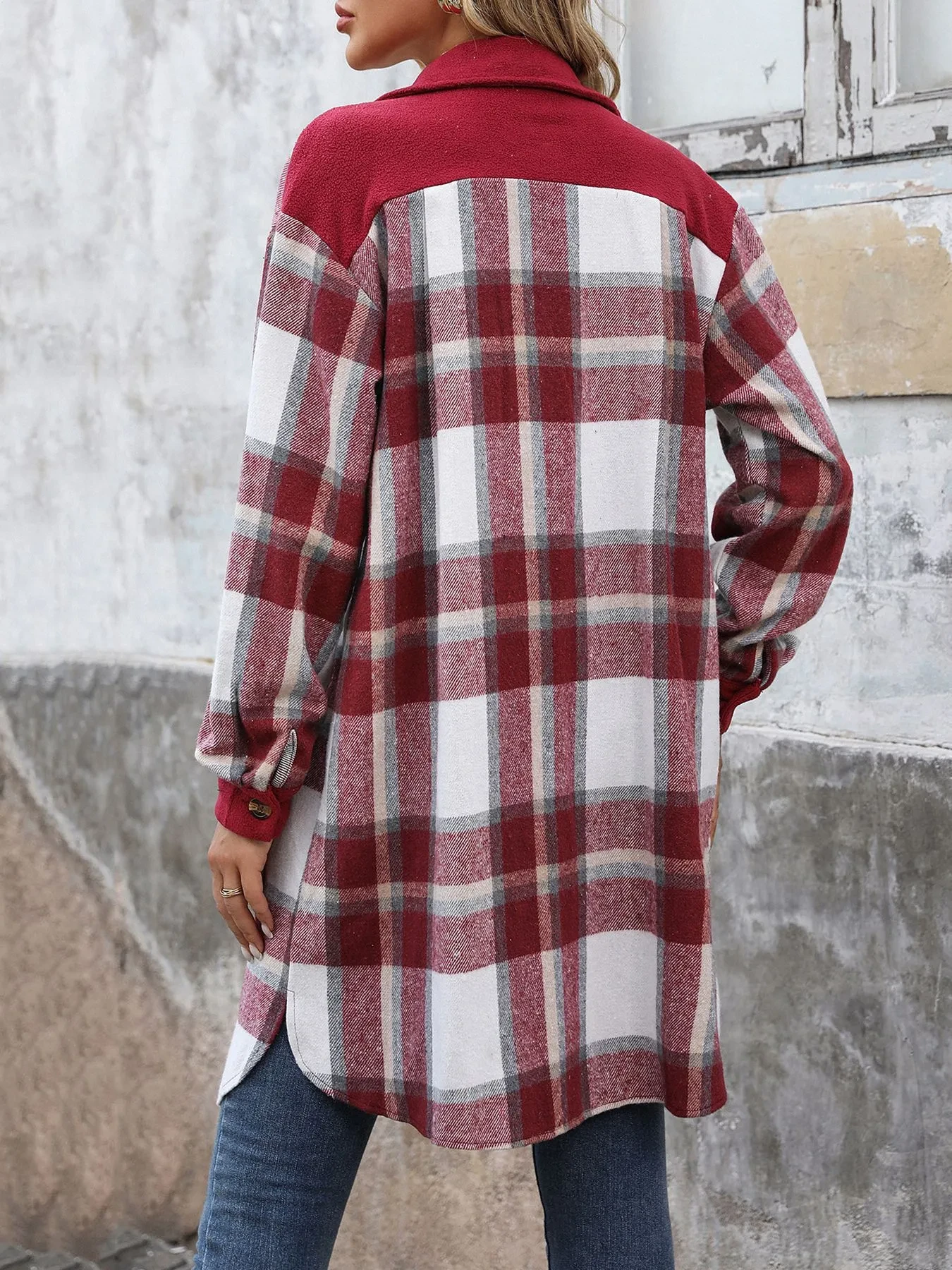Women's Fashion Brushed Plaid Long Coat with Pockets, Winter Jacket Outerwear
