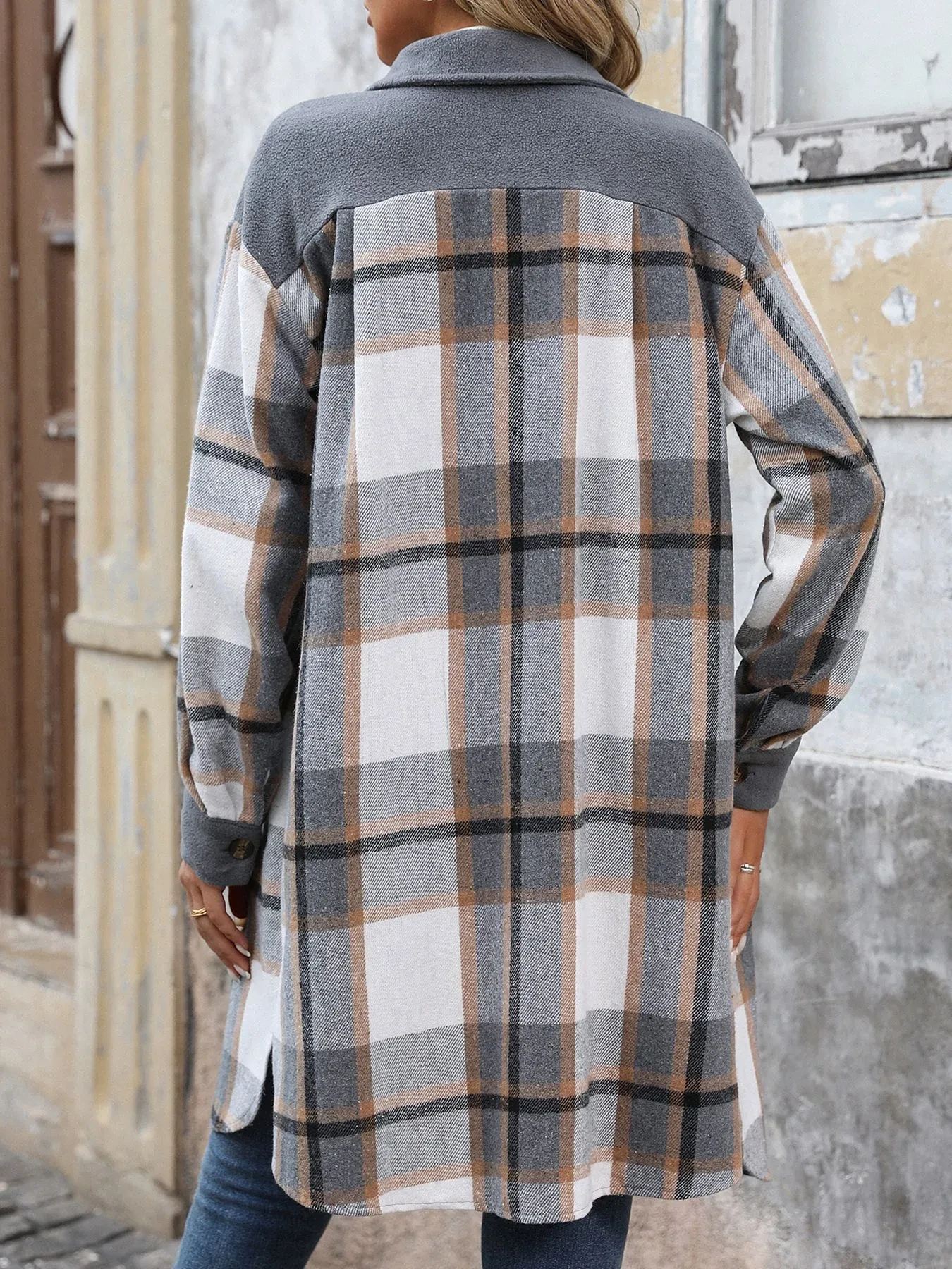 Women's Fashion Brushed Plaid Long Coat with Pockets, Winter Jacket Outerwear